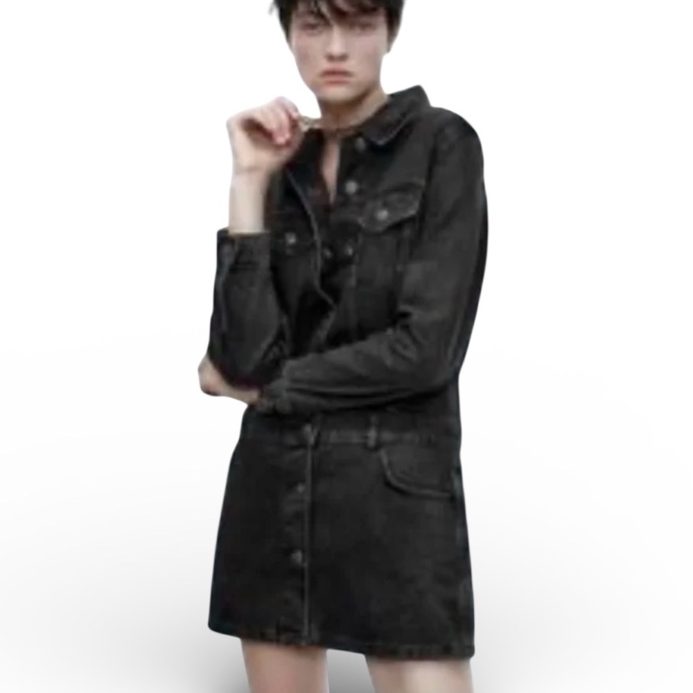 Zara NWT Zoe Denim Utility Mini Dress Charcoal Faded Black Dz S